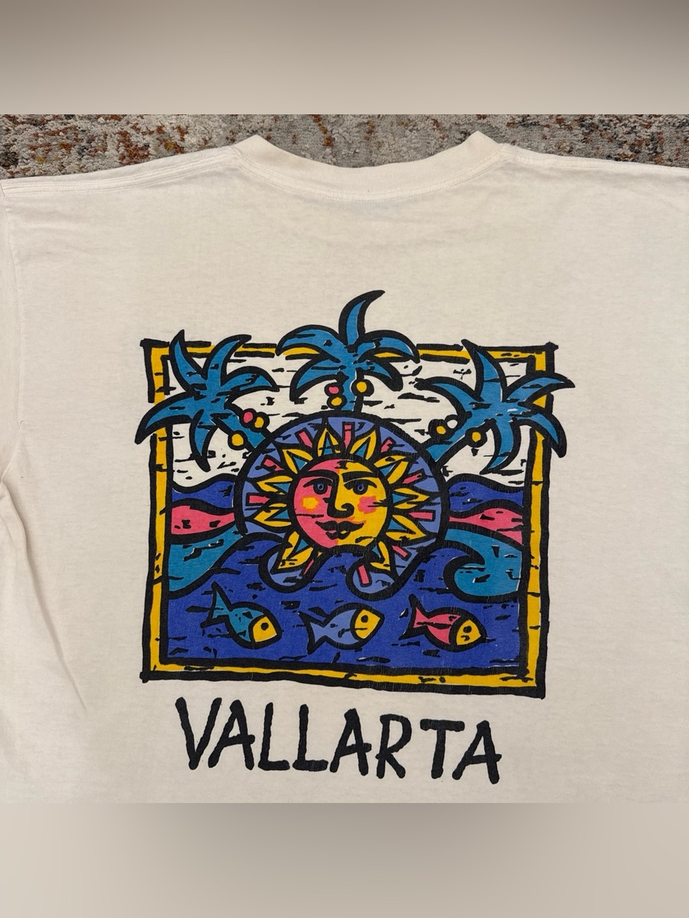 Vintage Vallarta Mexico Graphic Tee Shirt Cream Off White Mens Large